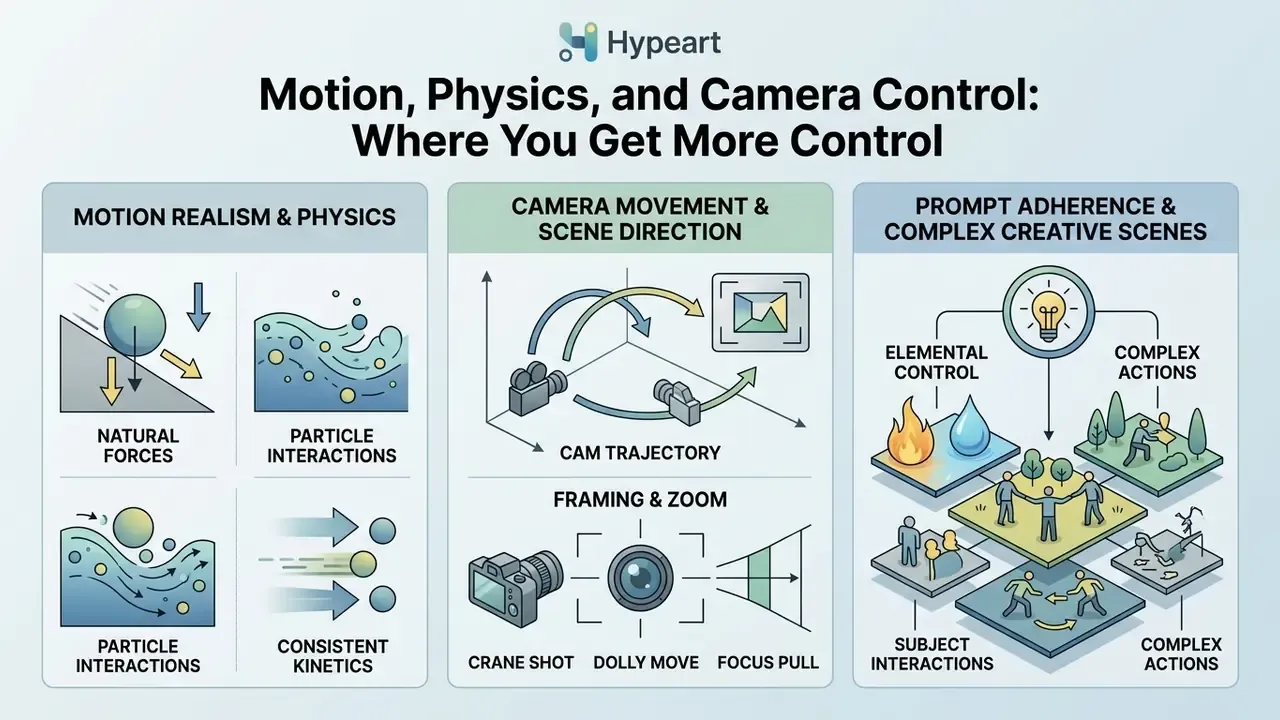 Infographic showing icons for physics, camera movement, and prompt adherence in video generation