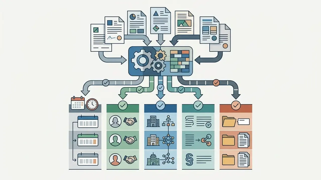 Documents flowing into a central processing unit to be organized into categorized legal data columns