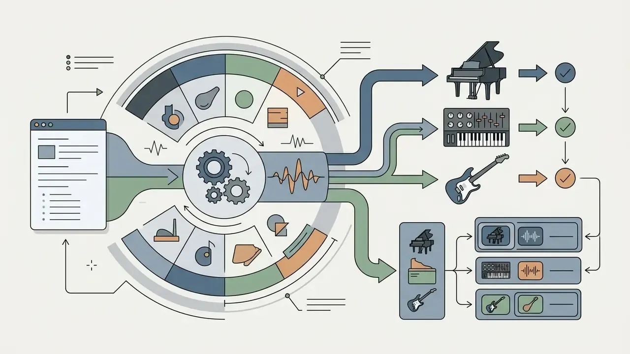 Circular process graphic showing text prompts converted into specific instruments and audio track stems