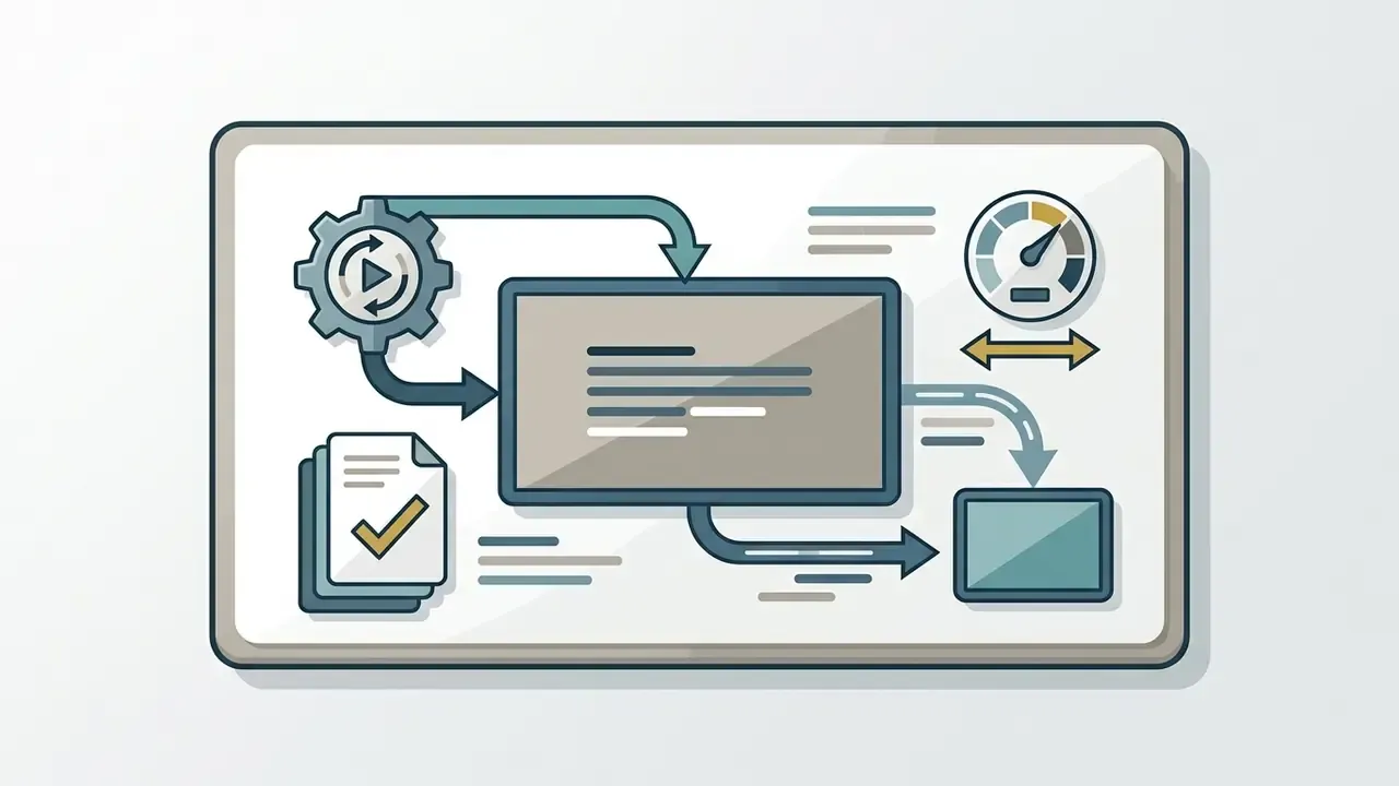 Gear and document icons feeding into a central interface with a performance gauge for video output