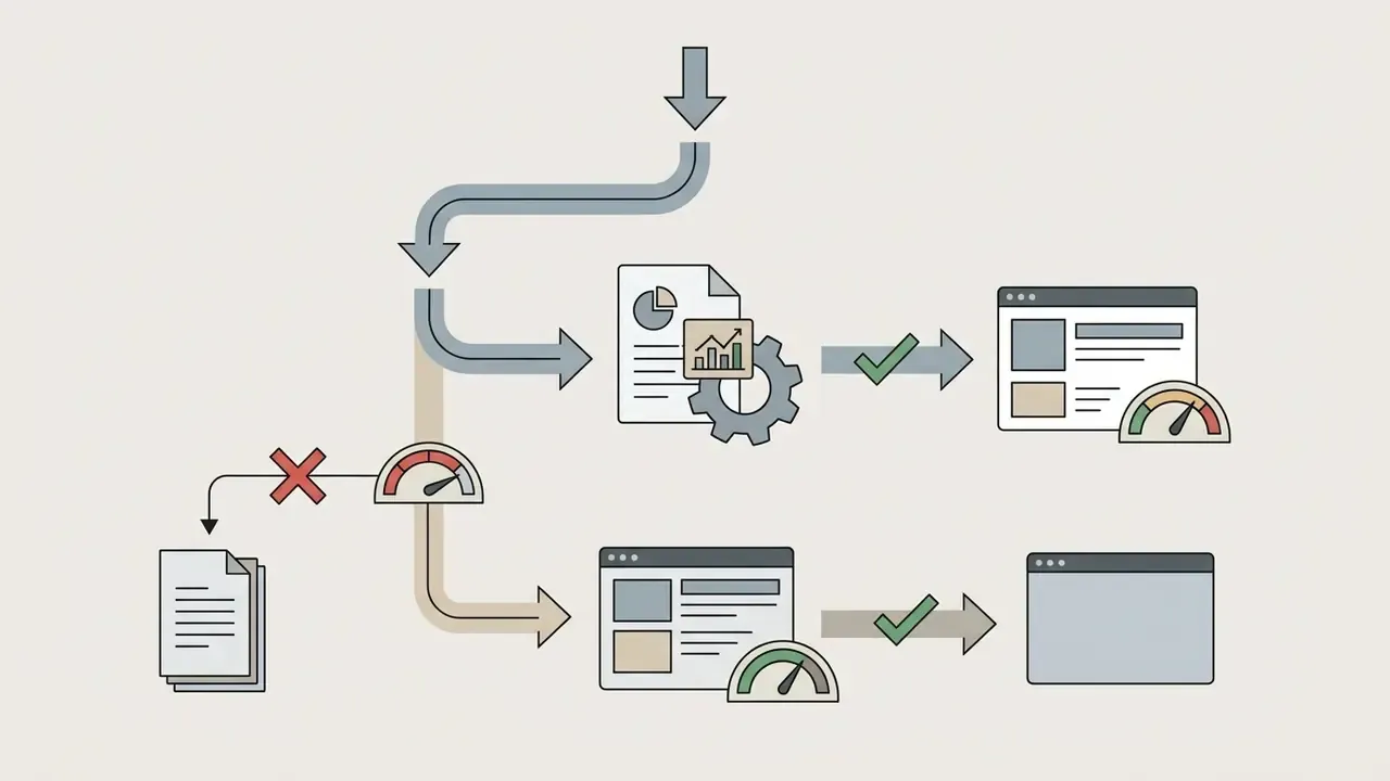Pathways connecting document analysis and data processing to slide deck creation and performance metrics