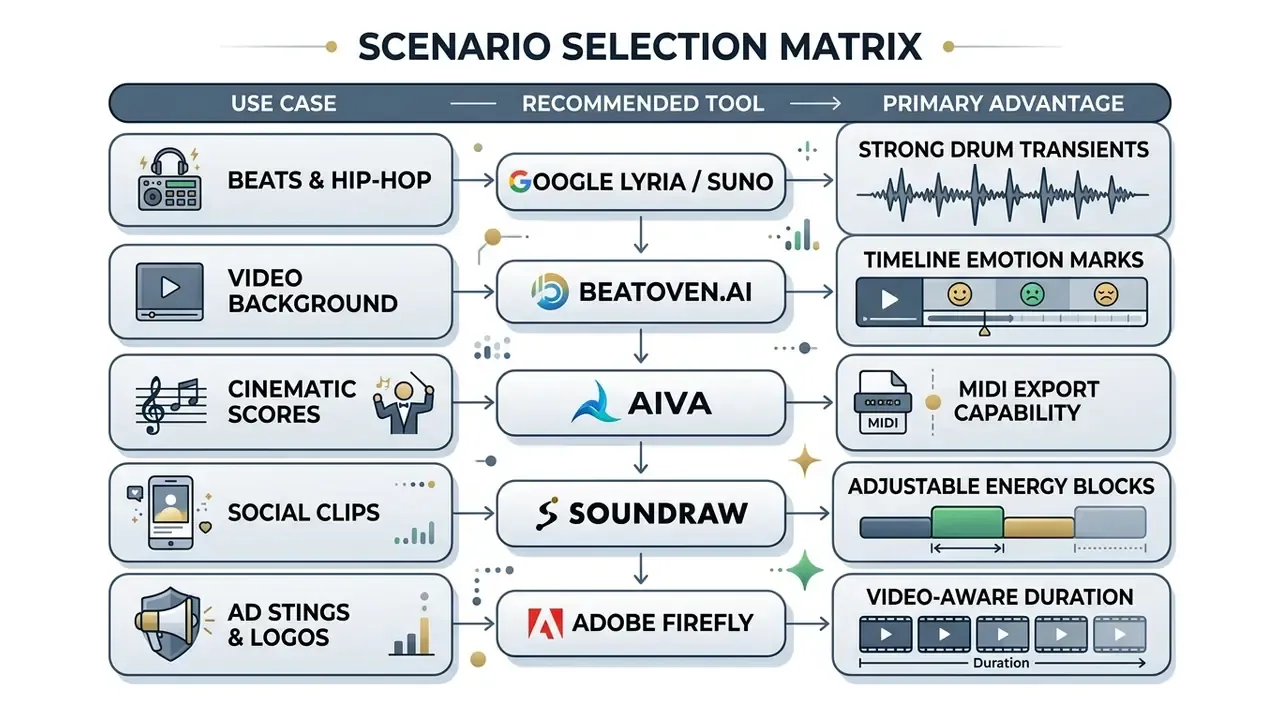 Matrix table matching music use cases to recommended AI tools and their specific primary advantages