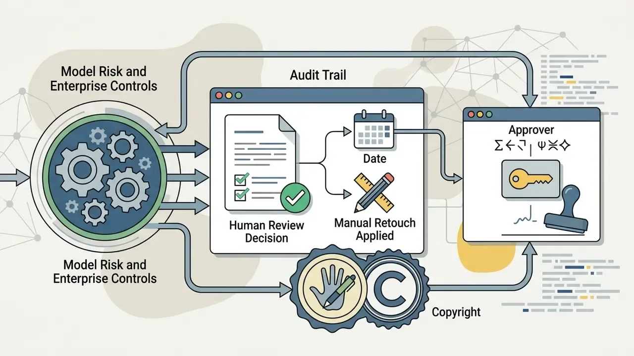 Workflow showing human review decisions, manual retouching, and approval stamps for copyright records