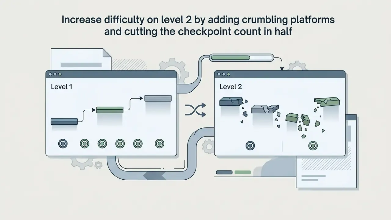 Two software windows showing level design changes with crumbling platforms and fewer checkpoints