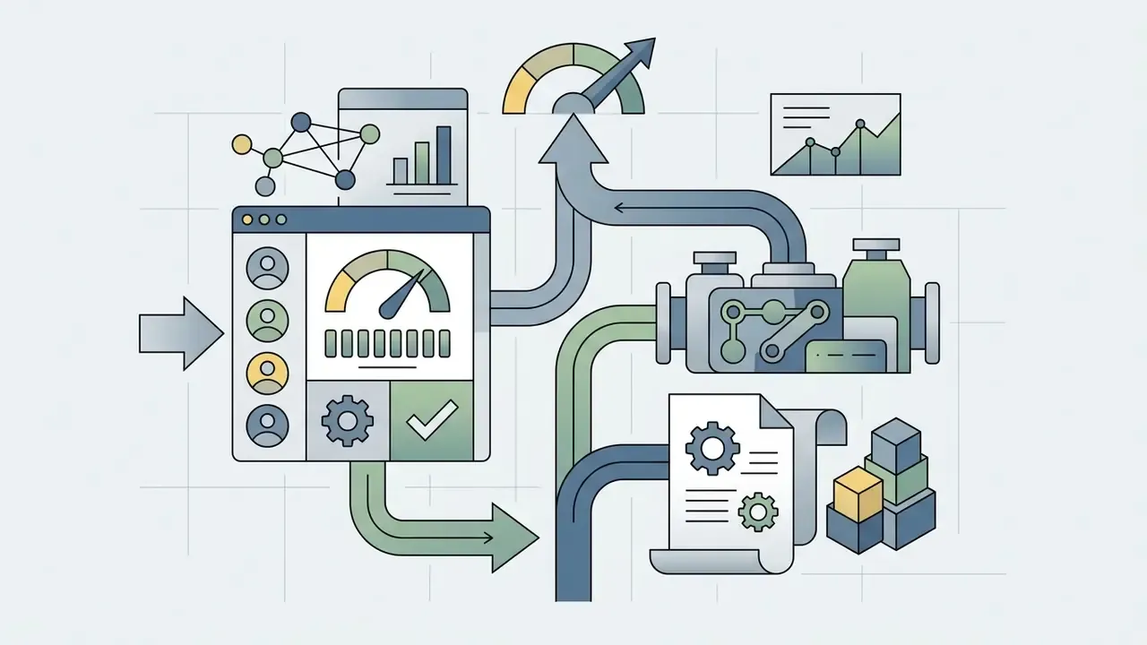 User profiles and a gauge feeding into a mechanical system that outputs data charts and document reports