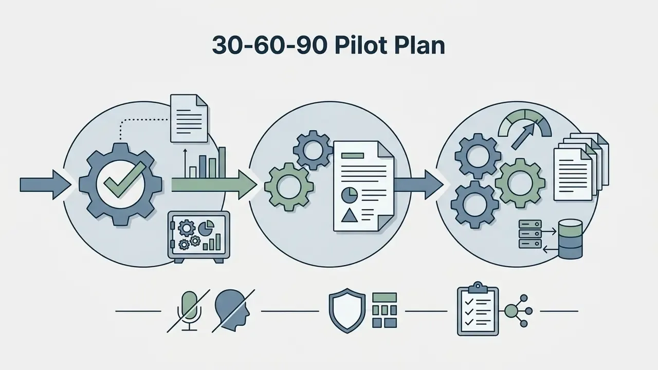 Three circular stages with gears and documents showing a progression of planning, analysis, and data logging