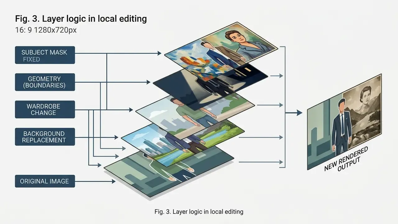 Layered diagram showing how subject masks and geometry combine with background and wardrobe changes