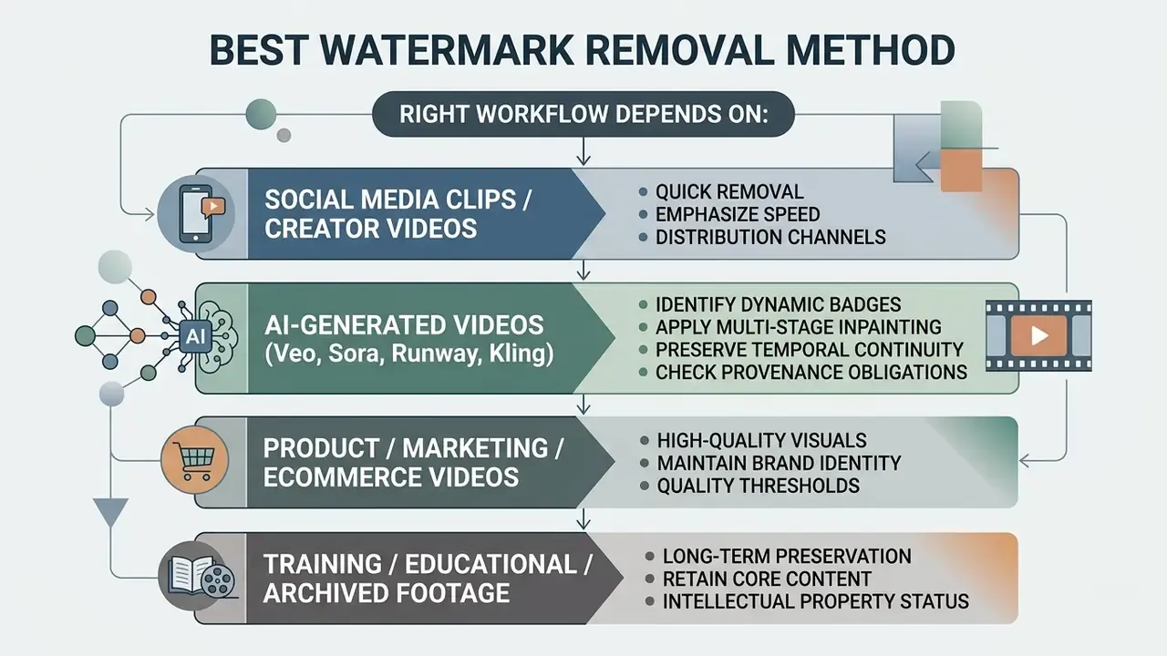 Flowchart mapping video types to specific watermark removal workflows for a watermark remover video online