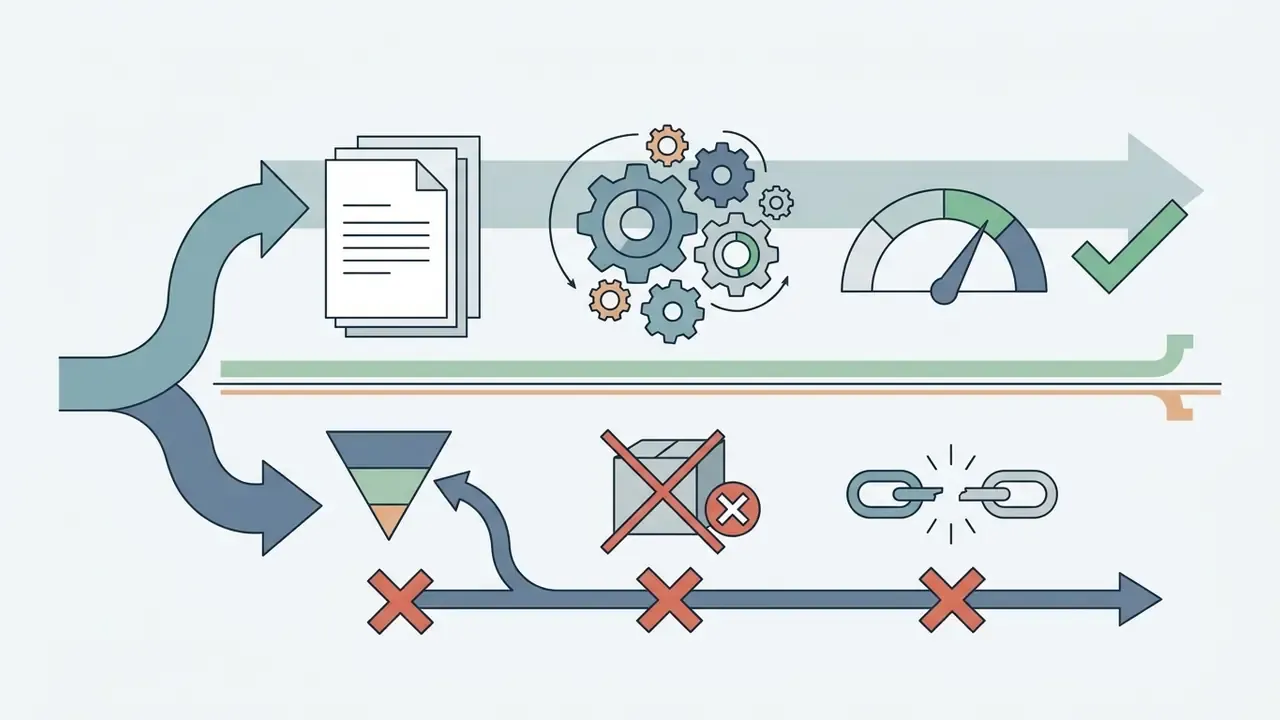 Split path showing document processing with gears above and filtered exclusions with broken chains below