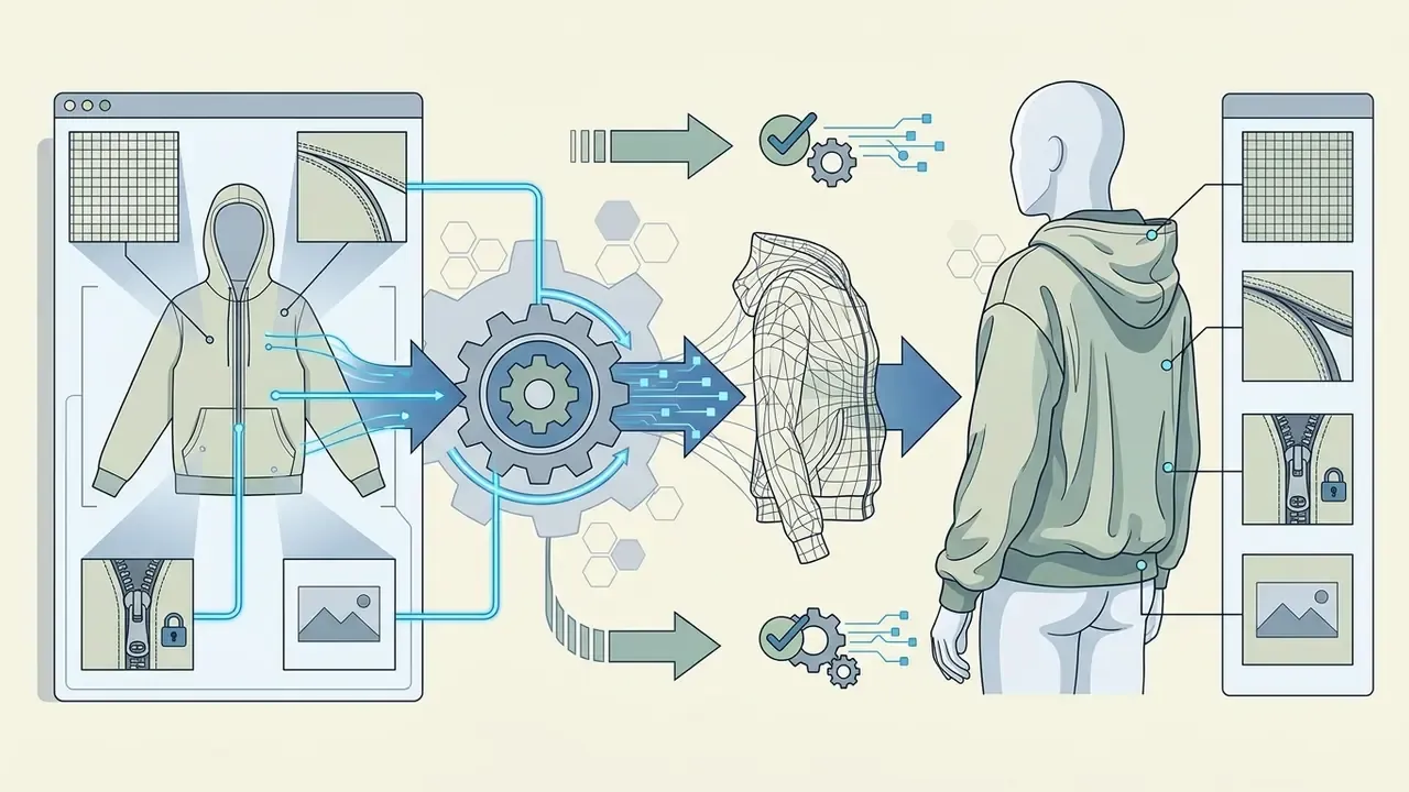 Digital transformation of a flat hoodie into a 3D wireframe model worn by a virtual mannequin