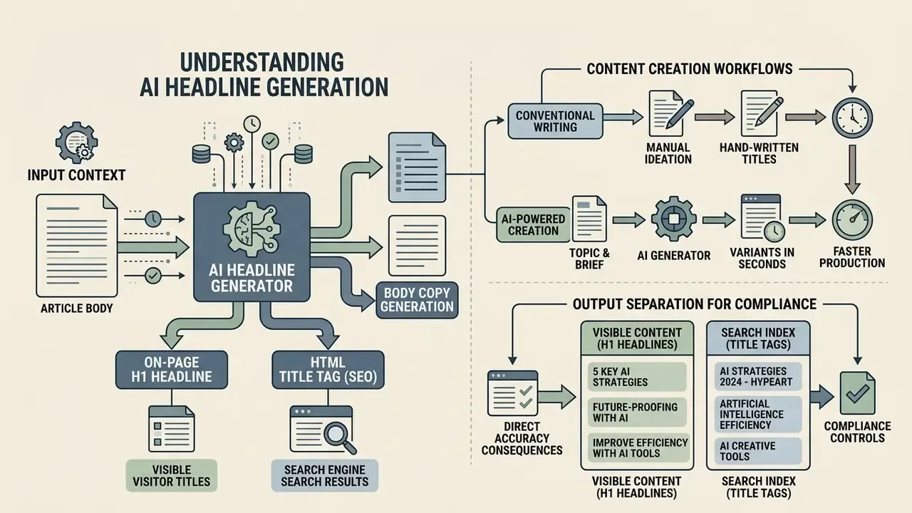 Infographic showing how an AI headline generator processes content into H1 titles and SEO tags