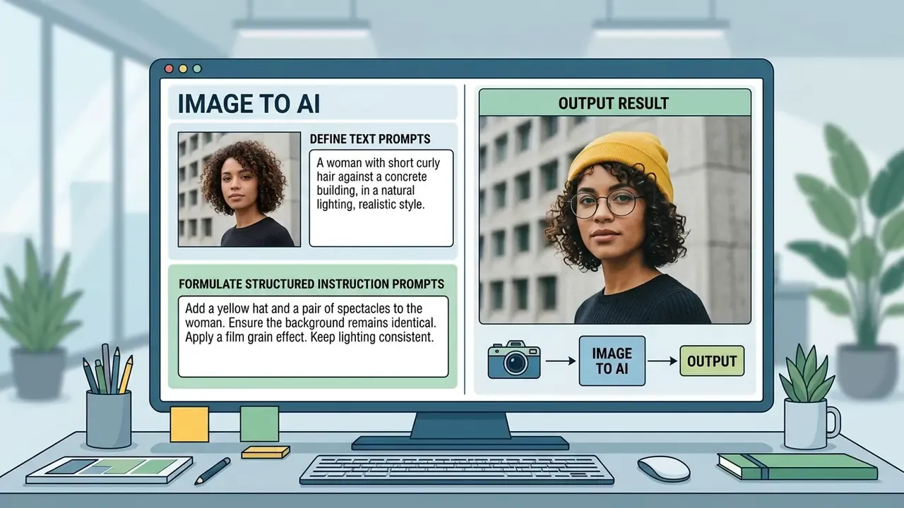 Computer screen displaying text prompts to add a yellow hat and glasses to a woman in a photograph