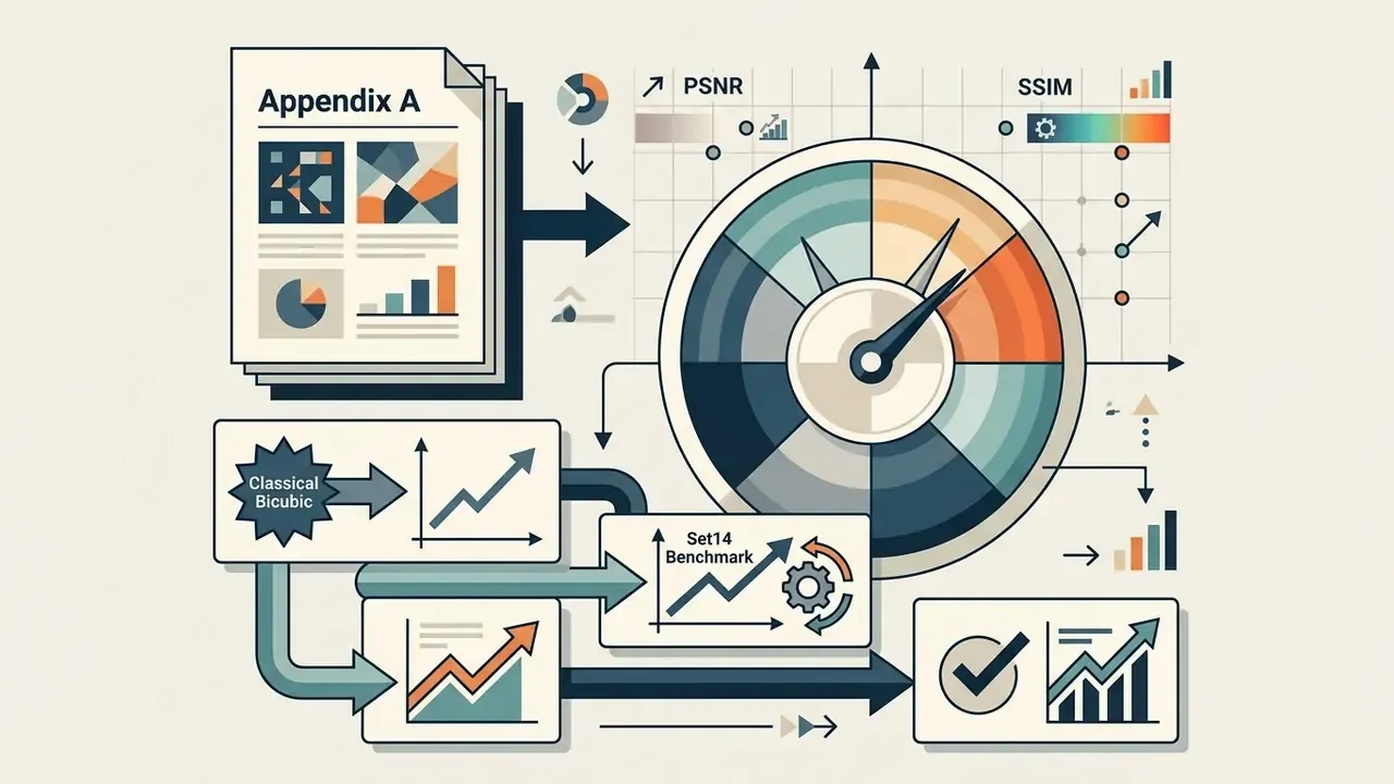 Document and chart icons feeding into a central gauge and performance metrics for benchmark analysis