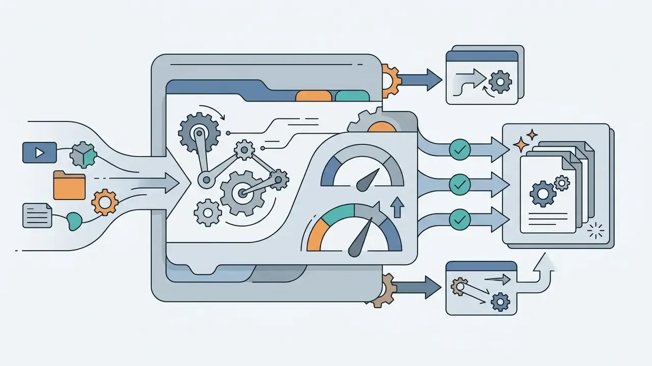 Digital processing workflow with input icons feeding into a central engine with gauges and output documents
