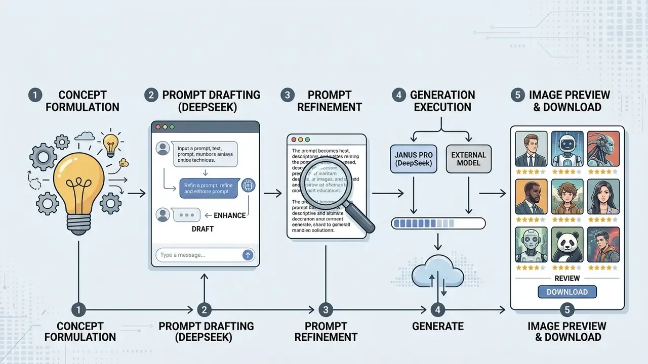 Five-step workflow diagram showing how to generate images using DeepSeek from concept to final download