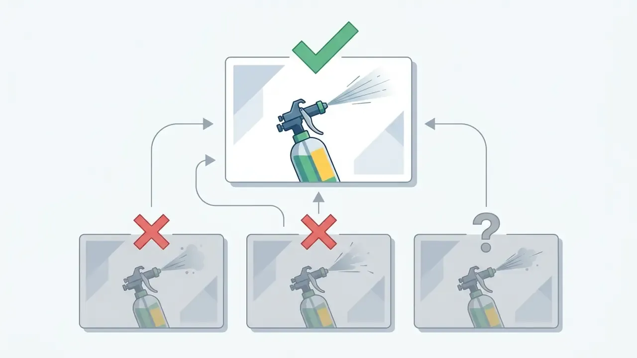 Spray bottle diagram showing successful and failed attempts at generating consistent liquid spray patterns