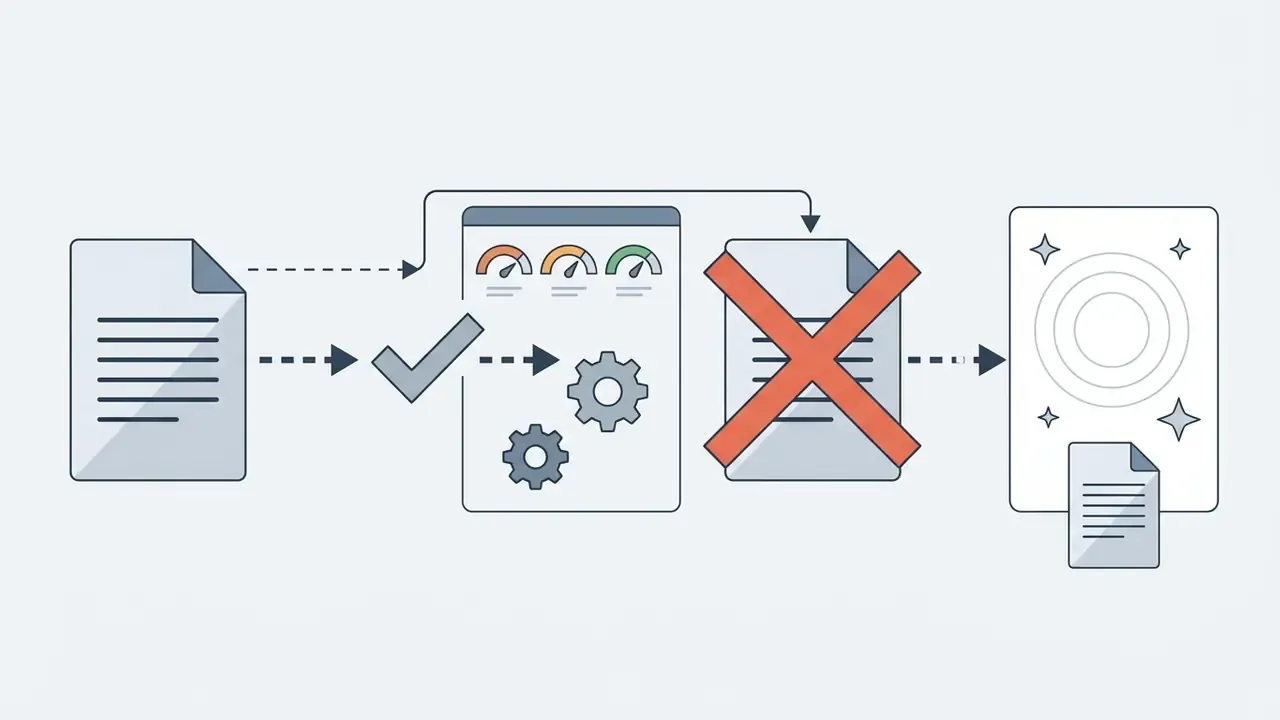 Document processing sequence with a checkmark, performance gauges, and a rejected file leading to a master