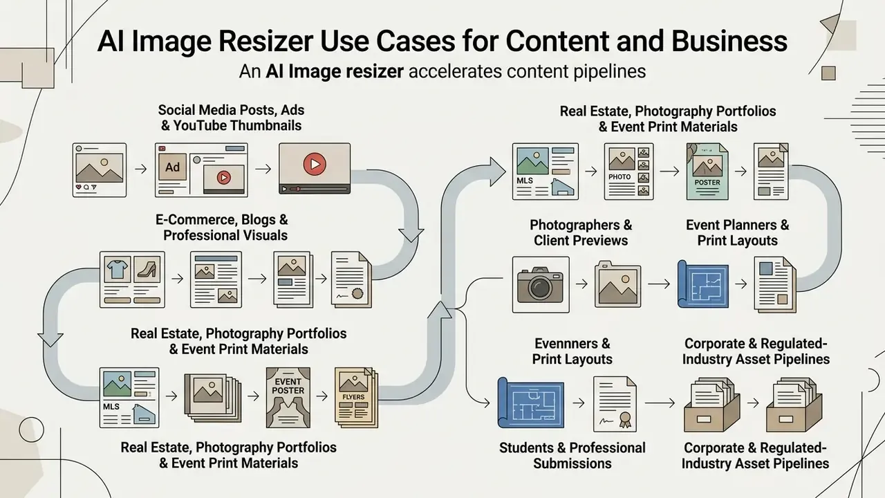 Diagram showing various professional applications for automated graphic adaptation across digital media