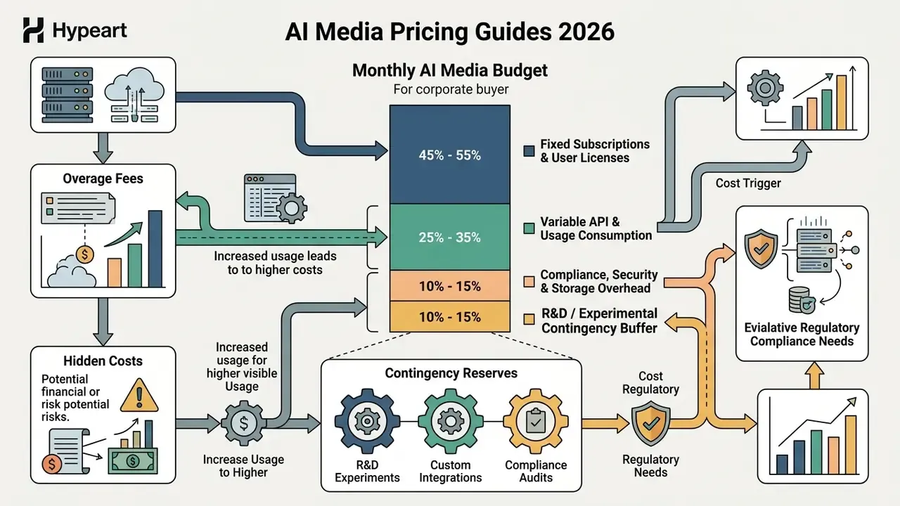 Breakdown of corporate AI media budgets showing fixed, variable, and contingency reserve cost components