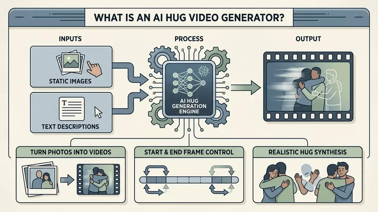 Diagram showing how an AI hug video generator processes images and text into animated hugging sequences