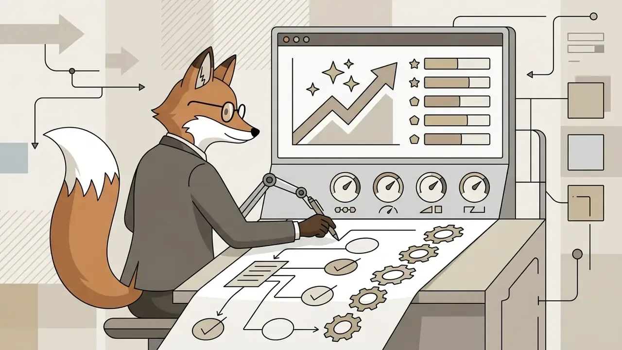 An anthropomorphic fox in a suit using a mechanical arm to draw a flowchart on a long paper scroll