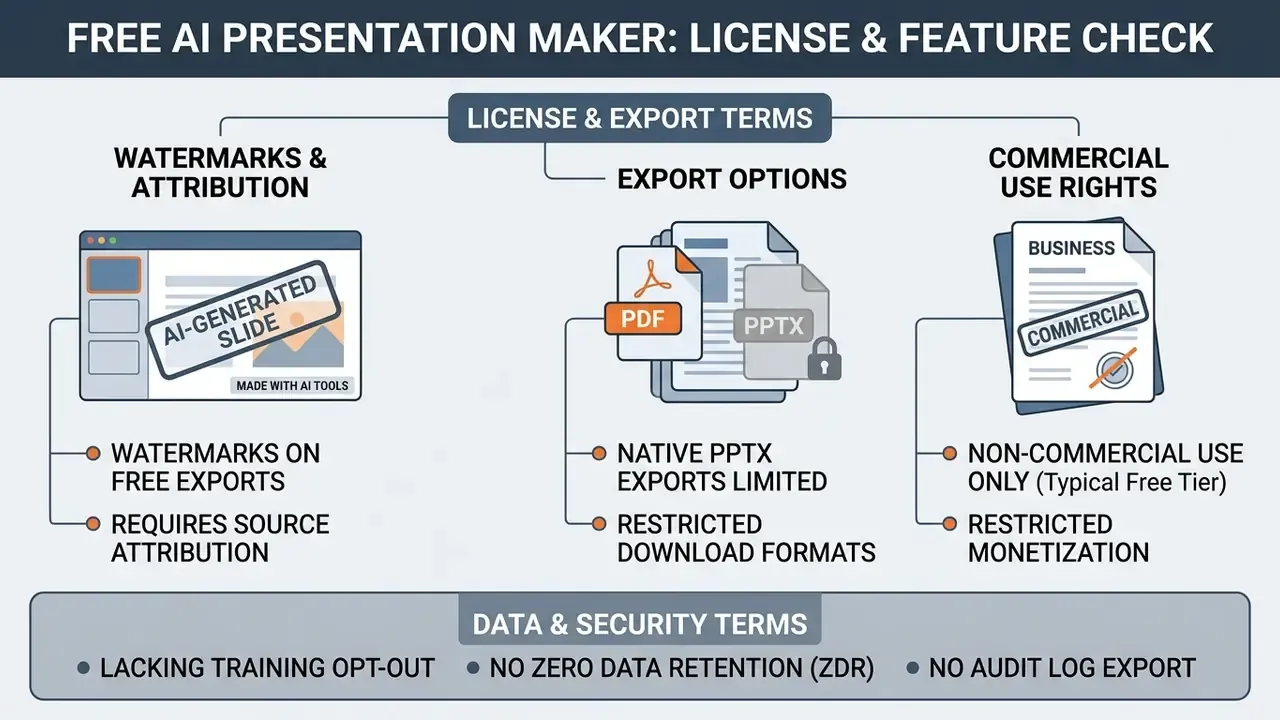 Infographic detailing software license, export, and security limitations for free presentation tools