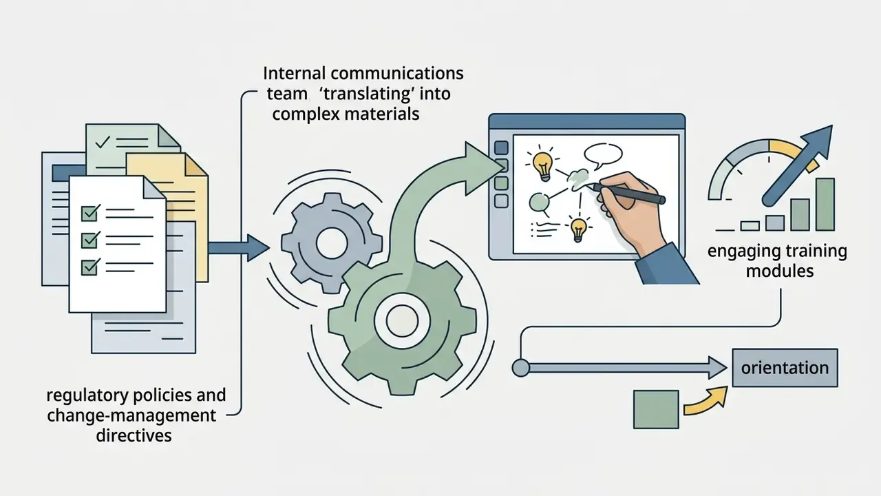 Documents passing through gears to be converted into digital training modules and orientation materials