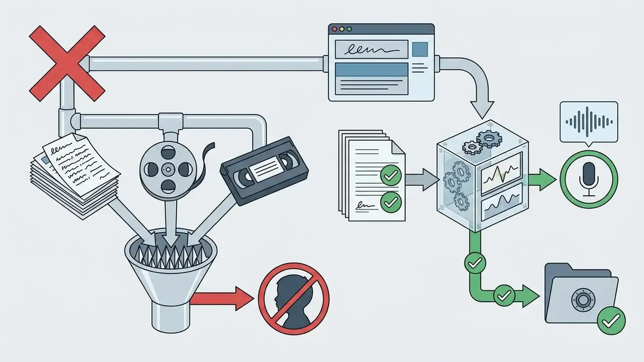 Flowchart showing prohibited unauthorized media inputs versus approved documents leading to voice processing