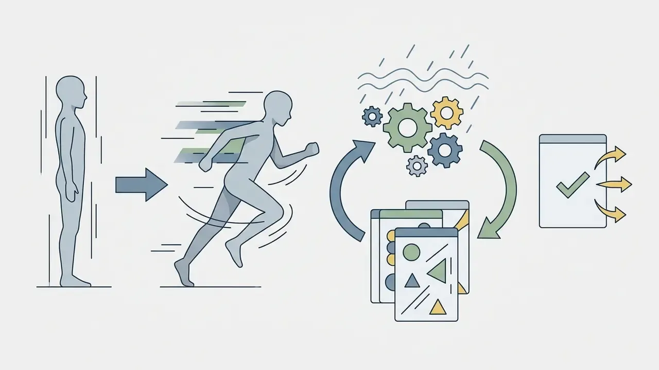 A standing figure transitions into a running pose processed by gears and rain effects to produce output files