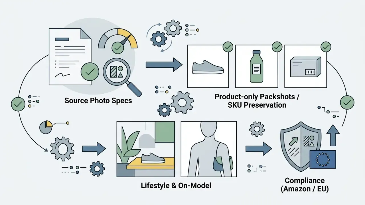 Process flow from source photo specs to product packshots, lifestyle scenes, and compliance standards