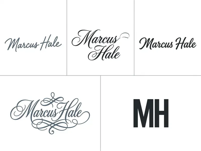 Grid of five variations of the name Marcus Hale displayed in cursive, calligraphy, and bold styles