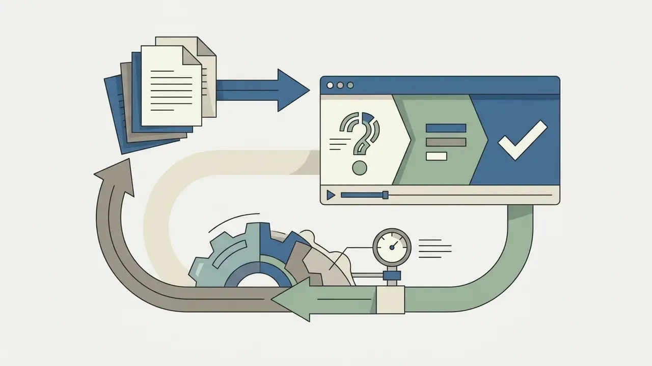 Documents flowing into a video player interface with a question mark and checkmark icon in a loop