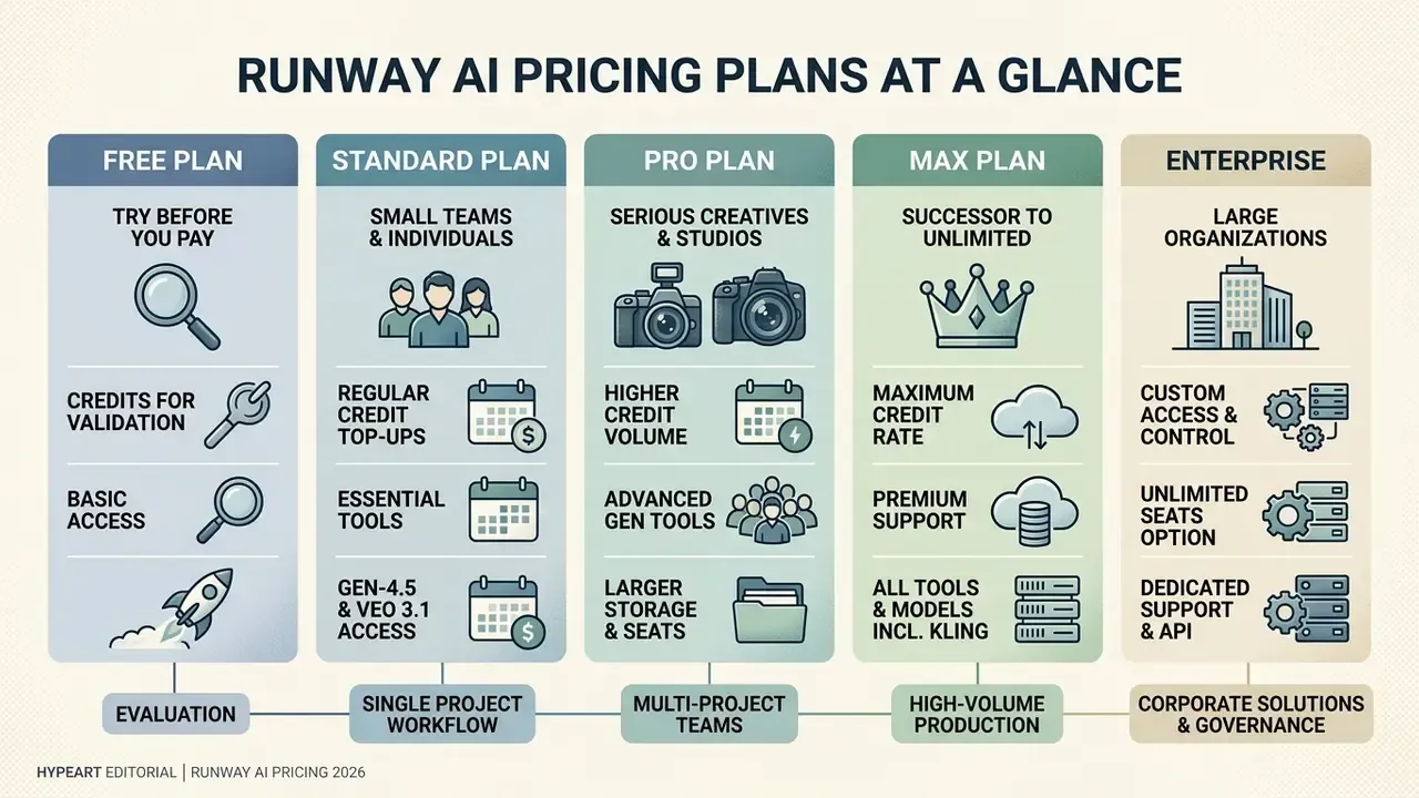 Infographic comparing five Runway AI subscription tiers from Free to Enterprise with key features