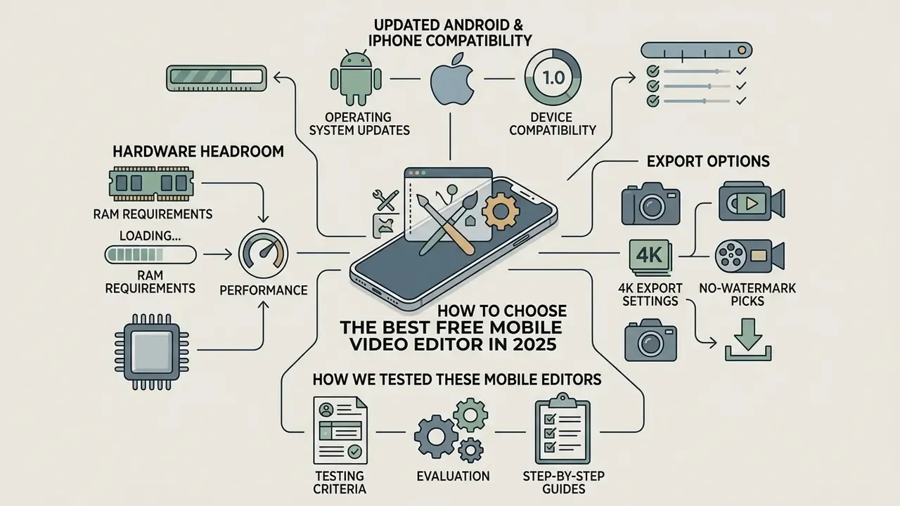 Infographic showing factors for choosing mobile video editors including hardware, compatibility, and exports