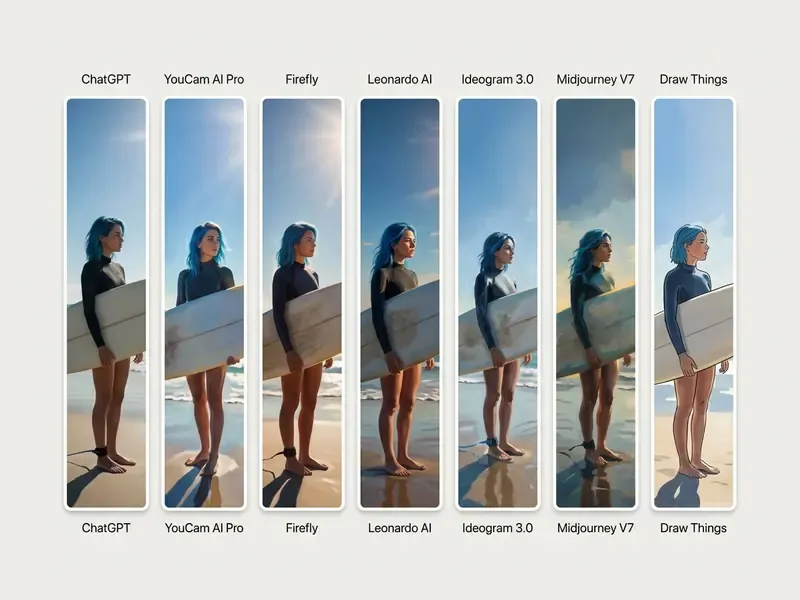 Side-by-side comparison of seven AI art app outputs featuring a blue-haired surfer on a beach