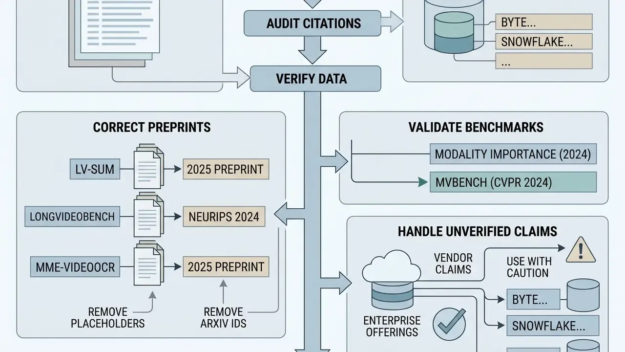 Flowchart detailing the systematic audit and verification process for AI research citations and benchmarks