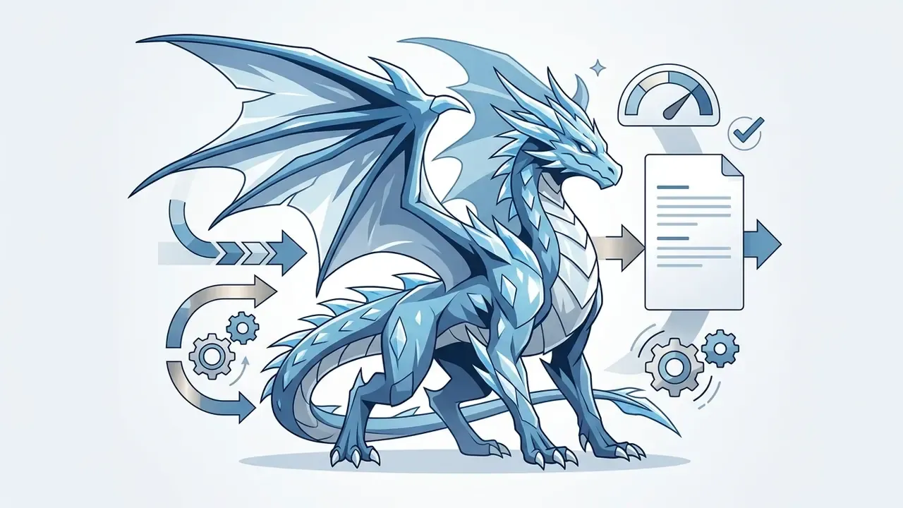Majestic blue ice dragon surrounded by technical icons including gears, a document, and a speed gauge