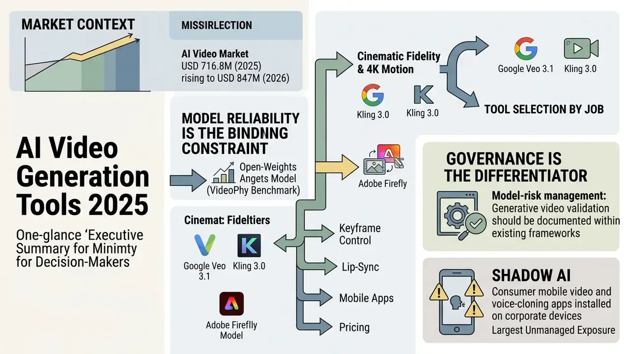 Infographic summarizing the 2025 AI video generation market, tool selection, and governance strategies