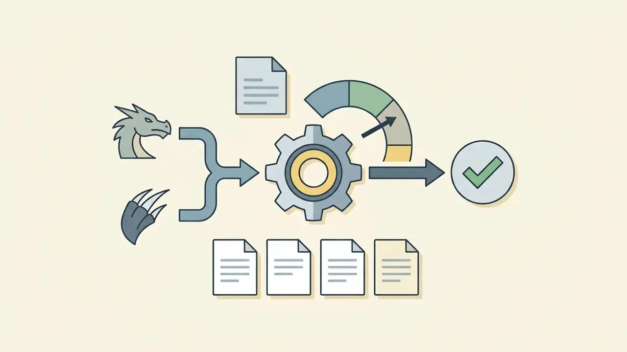 Dragon head and claw icons feeding into a gear mechanism that outputs files and a checkmark