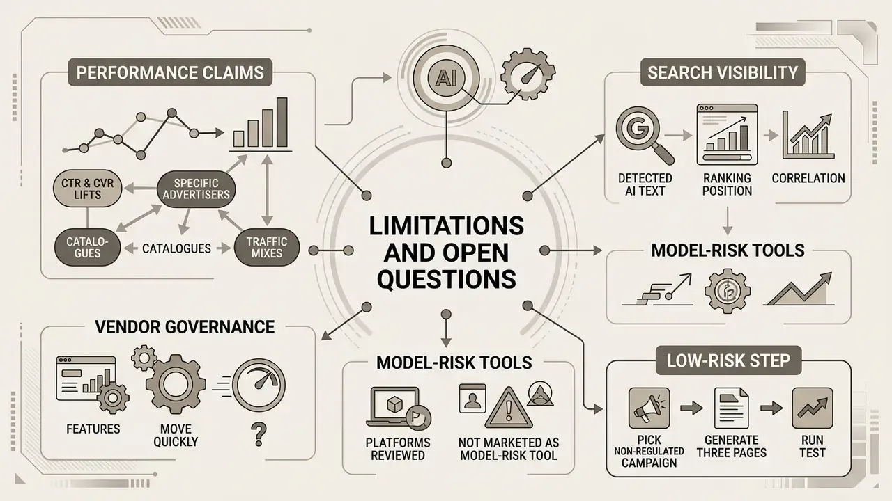 Conceptual diagram outlining key limitations and open questions regarding AI performance and governance
