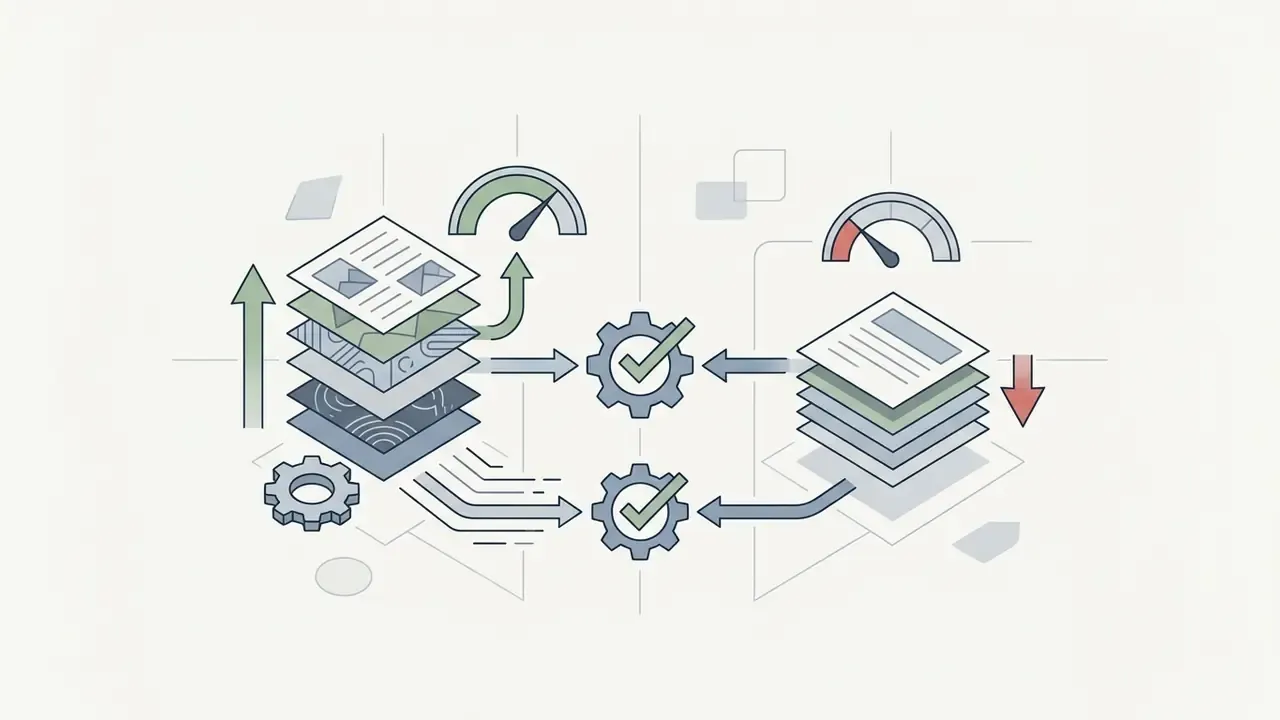 Stacks of documents moving through gear mechanisms with gauges indicating processing and validation status