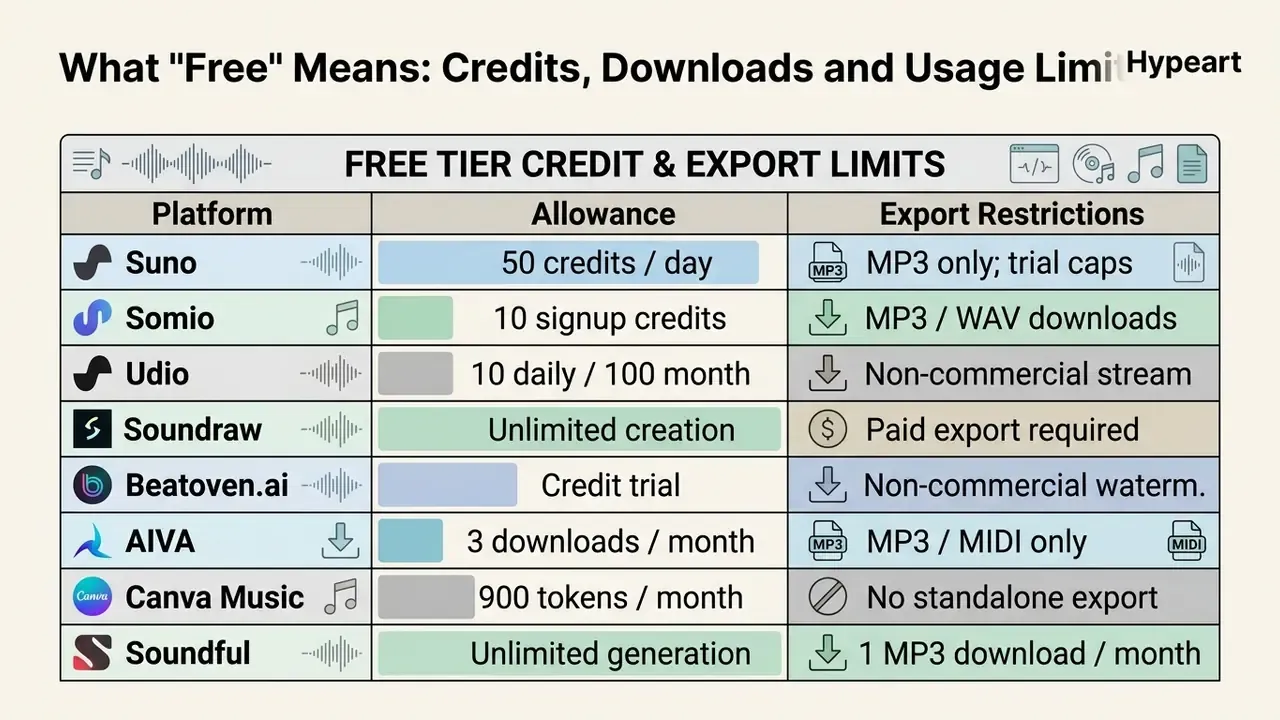 Comparison table listing credit allowances and export restrictions for various AI music generator platforms