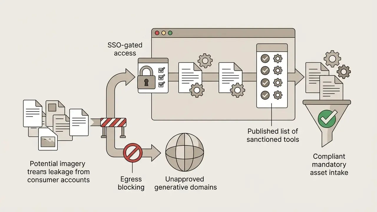 Visual representation of data security controls blocking unapproved domains and gating asset intake