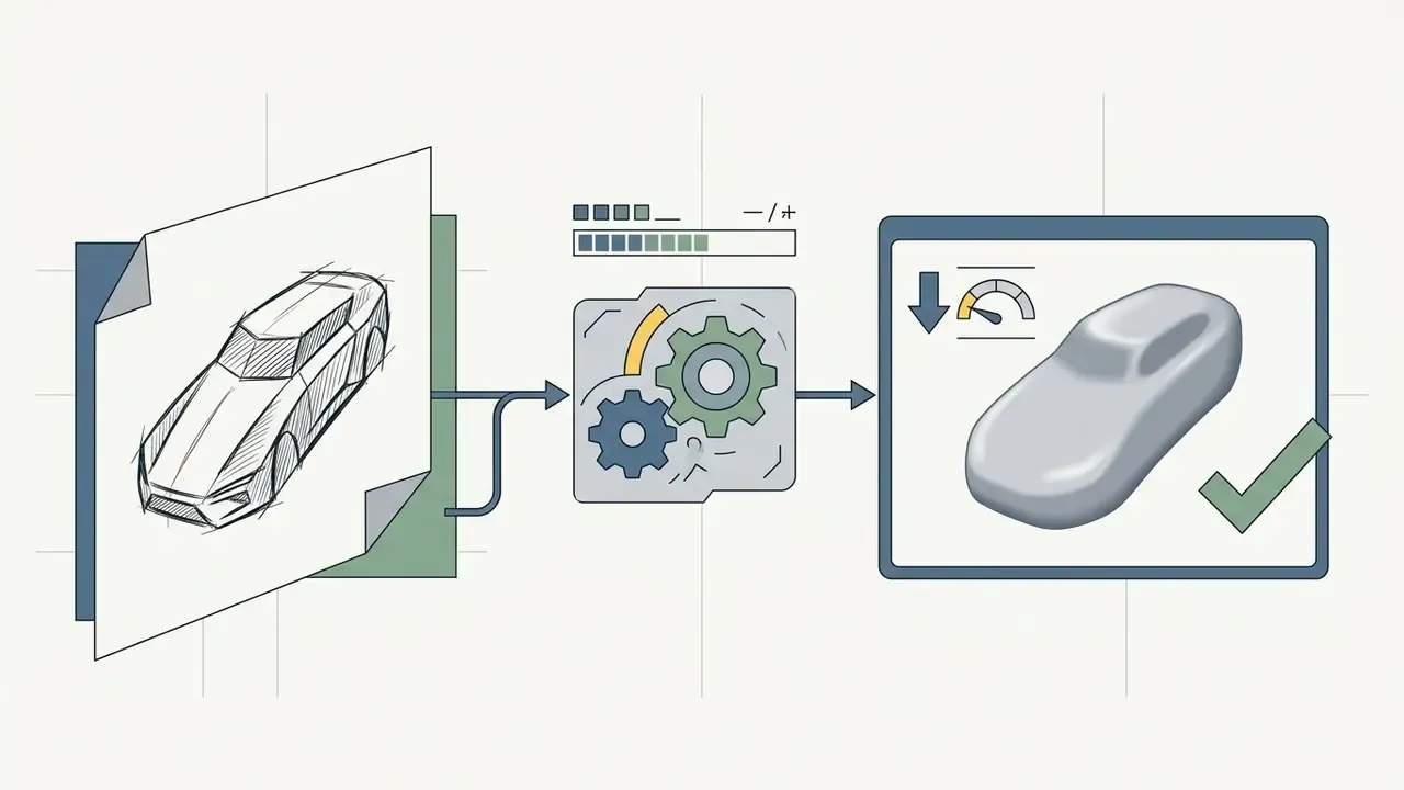Sketch of a car being processed through a gear mechanism to produce a smooth, simplified 3D model