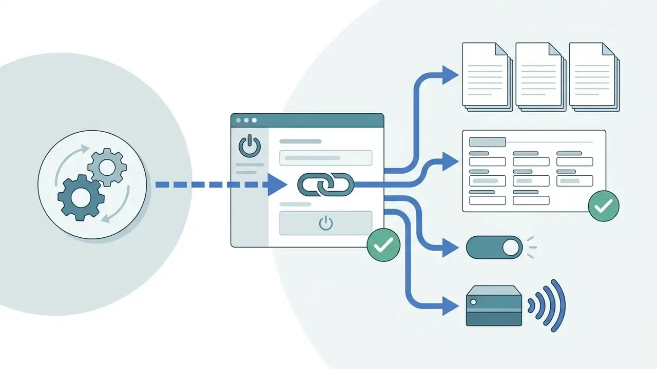 Gears connecting to a central interface that distributes data to documents, tables, toggles, and webhooks