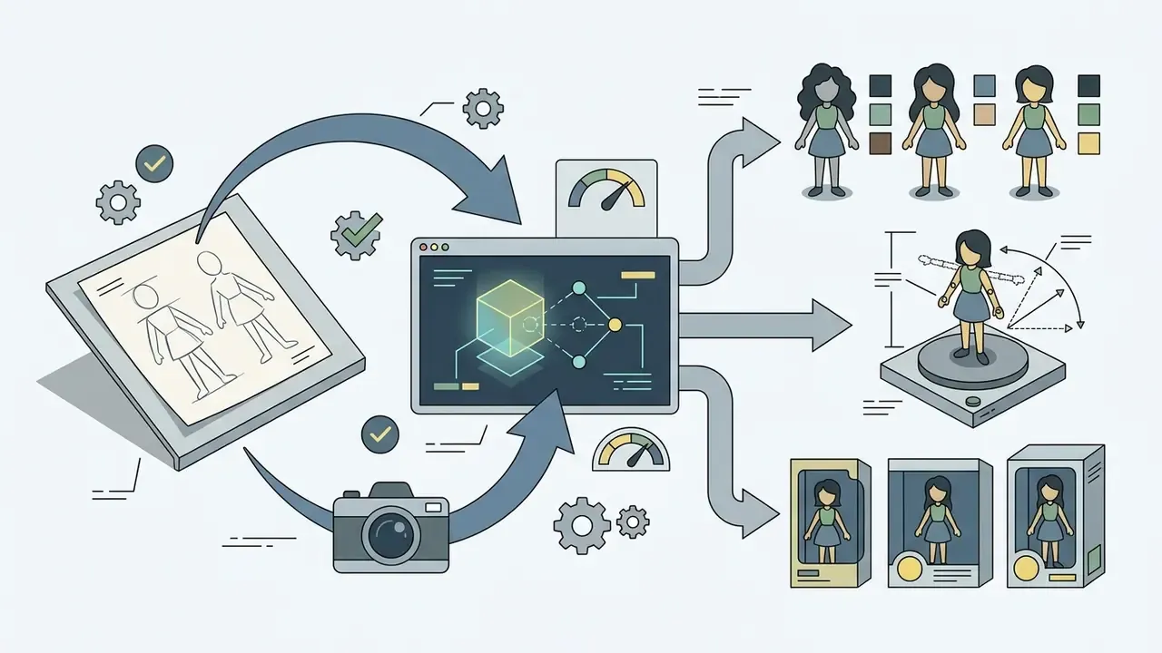 Diagram illustrating the conversion of sketches and photos into 3D models, articulation tests, and packaging