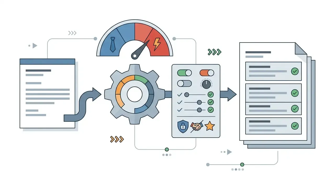 Document input feeding into a gear processor with tone controls to produce a verified email draft