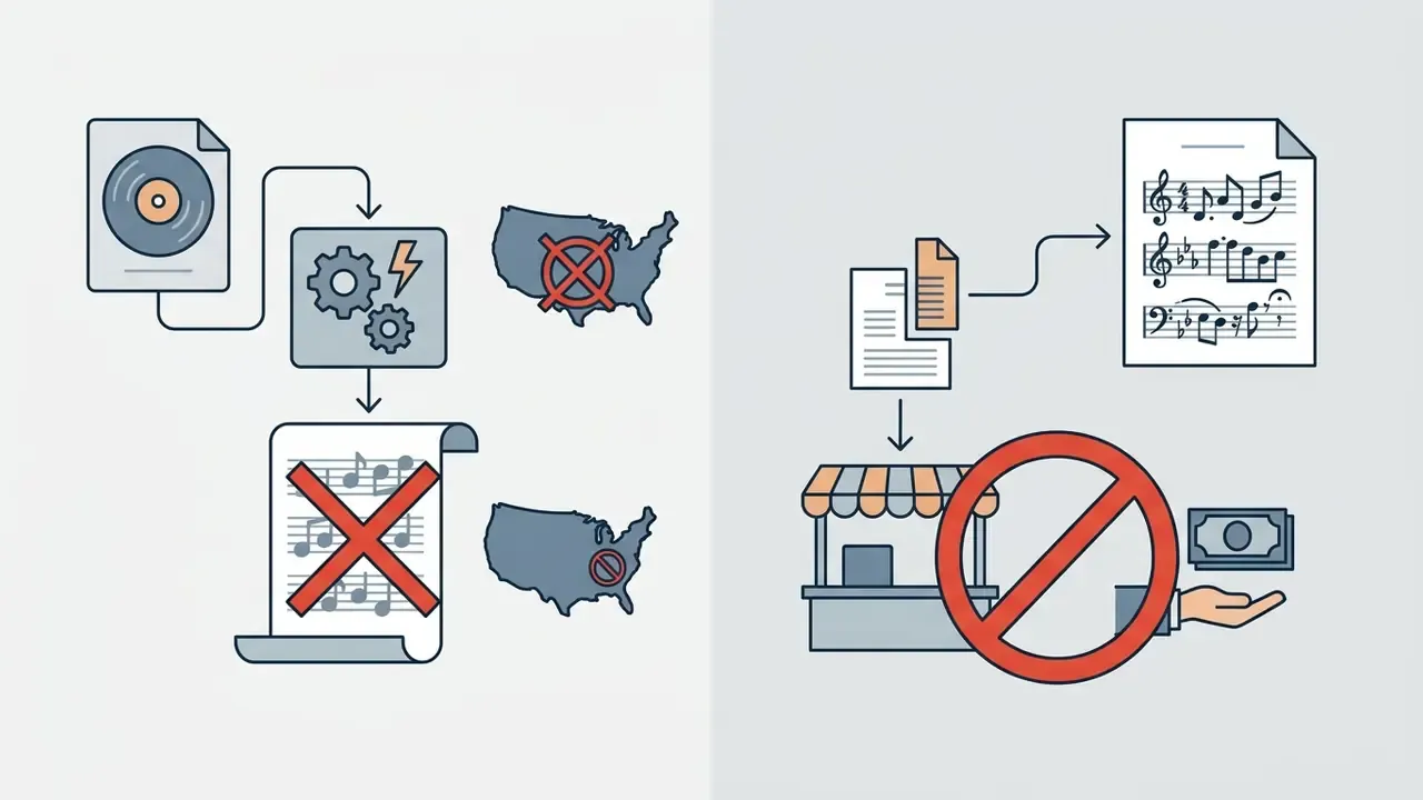Icons showing legal restrictions on copyrighting machine-generated notation and selling transcribed music