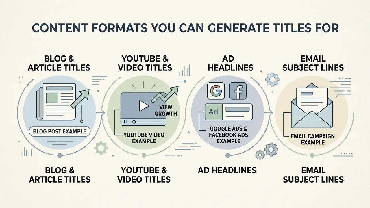 Four circular icons representing blog posts, video growth, ad headlines, and email campaigns