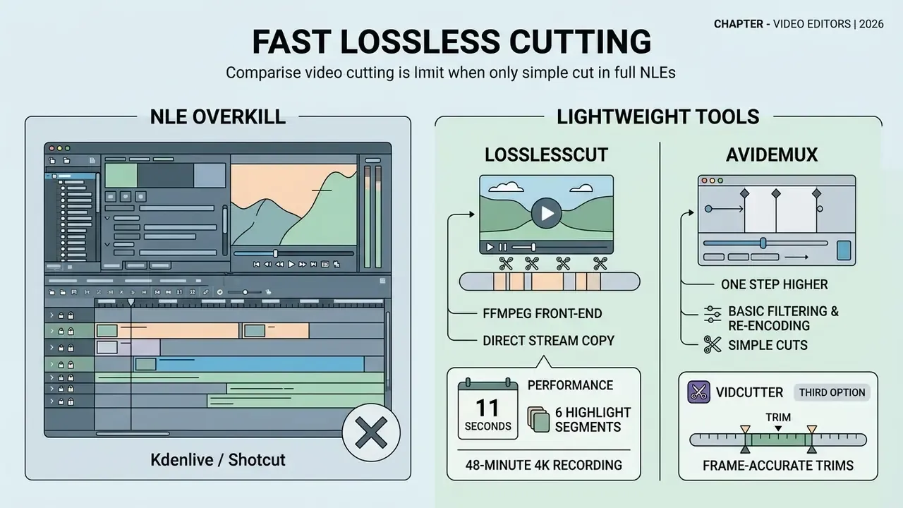 Comparison chart contrasting complex NLE interfaces with lightweight tools for efficient video trimming